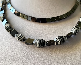 Statement hematite necklace, Delicate black and white jasper necklace, Light modern necklace, Pearl bib necklace, Multistrand chain necklace