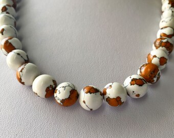 Jasper statement necklace, White bib necklace, Delicate white brown stone necklace, Round turkey jasper necklace, Short beaded necklace