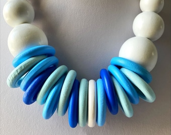 Chunky White & Blue Wooden Statement Necklace