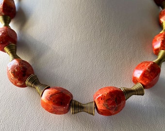 Sponge red coral statement necklace, Big bead necklace, Chunky gemstone necklace, Irregular statement necklace, Large stone modern necklace