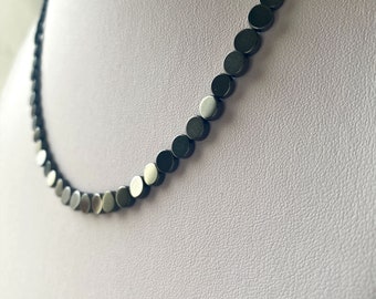 Black statement necklace, Black round hematite necklace, Delicate stone necklace, Delicate black flat round necklace, Hematite bib necklace