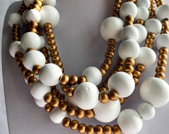 White statement necklace, Multistrand gold necklace, Chunky wood necklace, Chunky statement bib necklace, Big beads chunky wood necklace