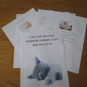 Könnte beinhalten: Ein weißes Blatt Papier mit dem Text "I am Calm like a Cat Breathing in slowly, 1-2-3-4 And out, 1-2-3-4" und einem Bild eines schlafenden grauen Katers.
