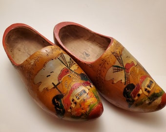 Vintage Full-Sized Authentic Dutch Wooden Clogs - Made in Holland - Hand-Carved Handmade - Adult Size 21
