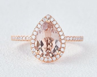 14K Rose Gold, 2 CT Pear Cut Morganite Halo Engagement Ring For Women, Pink Morganite Gemstone Ring, Pear Simulated Diamond Wedding Ring