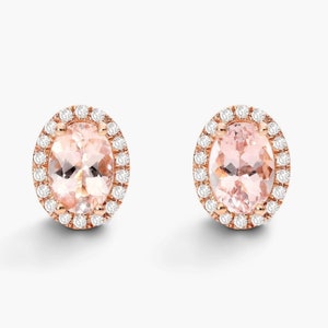 1.50 TCW Oval Cut Halo Morganite Stud Earrings, Pastel Pink Morganite Bridal Earrings, Classic Halo Earrings, Solid 14K Rose Gold Earrings
