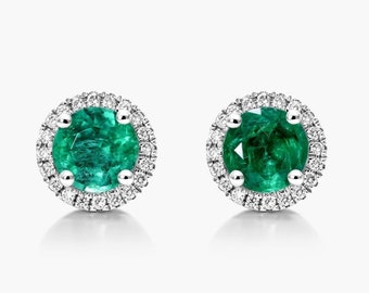 Emerald Stud Earrings, 1 CTW Round Cut Green Lab Emerald Stud Earrings, Solitaire Studs, 14K White Gold Earrings, Halo Diamond Earrings Gift