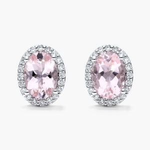 Pink MORGANITE Earrings, 1.50 TCW Oval Cut Morganite Gemstone Earrings, Halo Diamond Wedding Earrings, 14K Solid White Gold Vintage Earrings