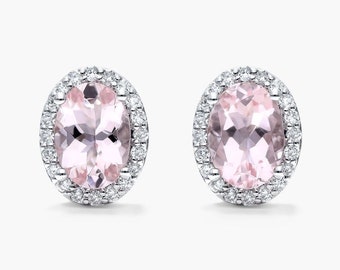 Rosa MORGANIT Ohrringe, 1.50 TCW Ovalschliff Morganit Edelstein Ohrringe, Halo Diamant Hochzeit Ohrringe, 14K Massives Weißgold Vintage Ohrringe