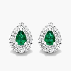 1 TCW Pear Cut Emerald Gemstone Earrings, White Gold Wedding Earrings, Double Halo Diamond Stud Bridal Earrings, Birthstone Stud Earrings