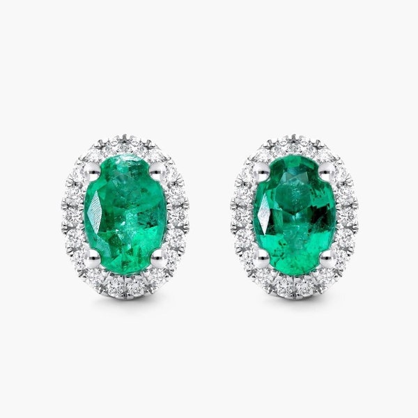 Stud Earrings, 1.00 TCW Oval Cut Green Emerald Gemstone Earrings, CZ Diamond Halo Earrings, Solitaire Push Back Earrings, Anniversary Gift