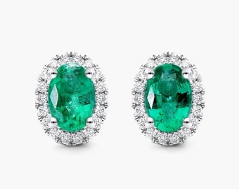 Stud Earrings, 1.00 TCW Oval Cut Green Emerald Gemstone Earrings, CZ Diamond Halo Earrings, Solitaire Push Back Earrings, Anniversary Gift