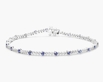 Tennis Bracelet For Women's, Round Cut Blue Sapphire Gemstone Bracelet, Perpetual Diamond And Sapphire Tennis Bracelet, White Gold Bracelet