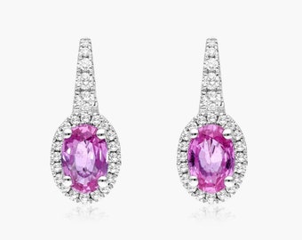 Lever Back Gemstone Earrings, 1.30 TCW Oval Cut Pink Sapphire Earrings, Halo Simulated Diamond Earrings, Drop Earrings, Anniversary Gift