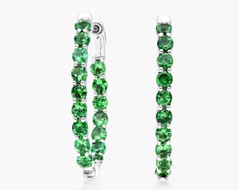 Green Emerald Huggie Earrings, Sterling Silver Earrings, Round Cut Emerald Gemstone Earrings, Women's Jewelry, Inside Out Oval Hoop Earrings