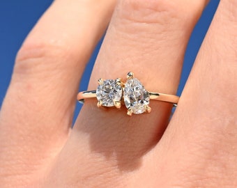 Two Stone Ring, Pear And Round Cut Moissanite Engagement Ring, 14k Solid Gold Ring, Toi Et Moi Ring, Anniversary Ring, Promise Ring For Her