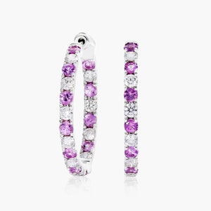 Pendientes de zafiro rosa de talla redonda, pendientes de aro, pendientes de oro blanco macizo de 14 quilates, regalo de aniversario