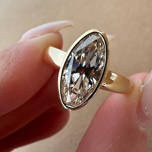 Old Mine Moval Cut Moissanite Engagement Ring, Solitaire Moissanite Wedding Ring, Bezel Set Proposal Ring, 14K Yellow Gold Ring, Unique Ring