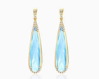 Lab Blue Topaz Elongated Pear Earrings, White Gold Push Back Earrings, Dangle Drop Earrings, 8.25 TCW Elongated Pear Cut Blue Topaz Earrings