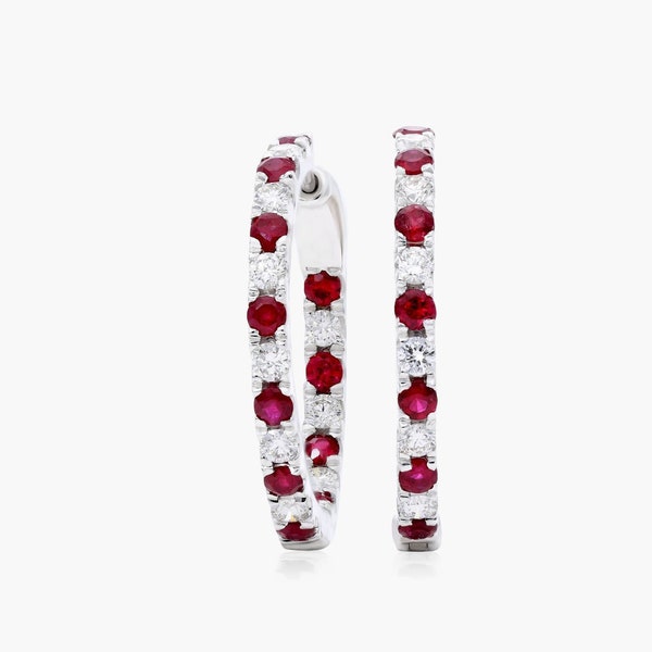 Solid 14K White Gold Earrings, Inside Out Hoop Earrings, Round Cut Lab Ruby And Simulated Diamond Earrings, Alternative Diamond Earrings