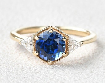 Round Blue Sapphire Ring, Hexagon Shape Three Stone Engagement Ring, 1.50 CT Round Cut Sapphire Gemstone Ring, Triangle Diamond Wedding Ring
