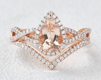 2 CT Pear Cut Morganite Gemstone Ring Set, Pear Halo CZ Diamond Ring Set, Infinity Vintage Engagement Ring, Curved Wedding Band, Bridal Set