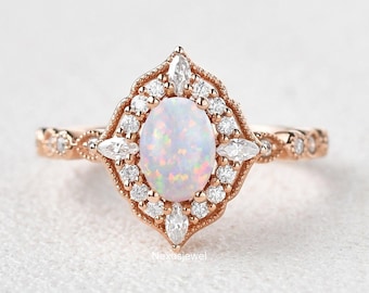 1 CT Oval Cut Opal Gemstone Engagement Ring, Vintage Cluster Halo CZ Diamond Wedding Ring, Anniversary Ring, Rose Gold Ring, Promise Ring