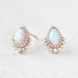 Birne Ohrstecker, 1 TCW Pear Cut Lab Opal Edelstein Ohrringe, Halo Simulierte Diamant Ohrringe, Roségold Push Back Ohrringe für Damen