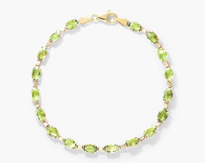 Solid 14K Yellow Gold Bracelet, Oval Cut Lab Peridot Gemstone Bracelet, Lobster Claw Clasp Bracelet, Peridot Unique Tennis Bracelet For Her