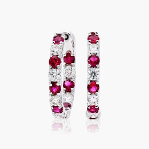 Round Cut Ruby And Diamond Alternating Hoop Earrings, Wedding Gift, White Gold Earrings, Inside Out Ruby Gemstone Earrings, July Birthstone