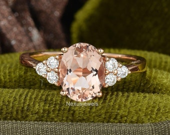 Morganite Gemstone Ring, 1.70 CT Oval Cut Simulated Diamond Engagement Ring, Rose Gold Oval Cluster Ring, Morganite Solitaire Wedding Ring