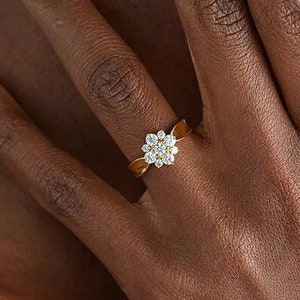 Solid 14k Yellow Gold Ring, Round Cut Cluster Moissanite Engagement Ring, Floral Diamond Ring, Womens Promise Ring, Anniversary Ring