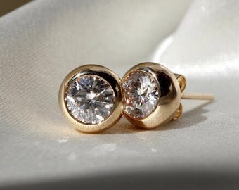 Moissanite Stud Earrings, Bezel Set Round Moissanite Earrings, Solitaire Moissanite Studs, Push Back Stud, Simple Gold Earrings Gift For Her