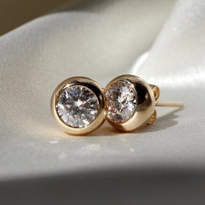 Moissanite Stud Earrings, Bezel Set Round Moissanite Earrings, Solitaire Moissanite Studs, Push Back Stud, Simple Gold Earrings Gift For Her