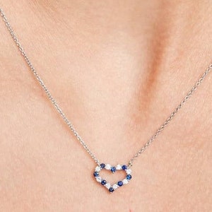 Round Cut Blue Sapphire Necklace, Heart Shape Alternating Sapphire And Diamond Necklace, White Gold Necklace, September Birthstone Necklace
