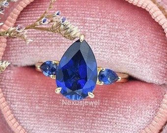 Blue Sapphire Three Stone Engagement Ring, Pear Cut Wedding Ring Gift For Her, Past Present Future Ring, Vintage Solid 14k Yellow Gold Ring