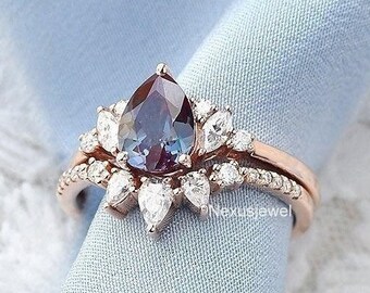 Lab Alexandrite Gemstone Ring, Chevron Wedding Band, Bridal Ring Set, 1.25 CT Pear Engagement Ring Set, Art Deco Cluster Anniversary Ring
