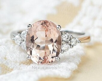 Peach Morganite 3 CT Oval Cut Engagement Ring, CZ Diamond Cluster Ring, Bridal Solitaire Wedding Ring, White Gold Gemstone Anniversary Gift