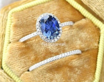 2.20 CT Oval Cut Lab Sapphire Engagement Ring, Bridal Ring Set, White Gold Full Eternity Wedding Band, Oval Halo Diamond Ring Set For Women