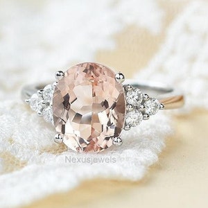 Peach Morganite 3 CT Oval Cut Engagement Ring, CZ Diamond Cluster Ring, Bridal Solitaire Wedding Ring, White Gold Gemstone Anniversary Gift