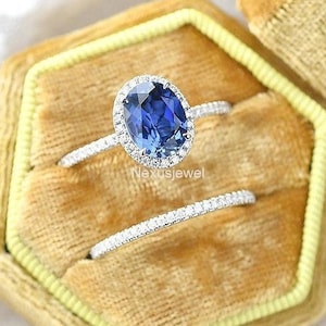 2.20 CT Oval Cut Lab Sapphire Engagement Ring, Bridal Ring Set, White Gold Full Eternity Wedding Band, Oval Halo Diamond Ring Set For Women