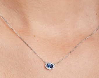 East West Gemstone Necklace, Oval Cut Blue Sapphire Necklace, Halo Diamond Solitaire Necklace, Solid White Gold Necklace, Birthstone Pendant