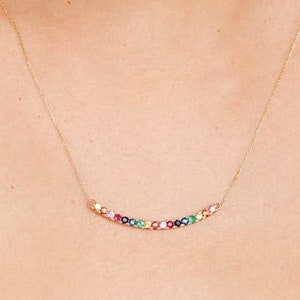 Rainbow Sapphire Curved Necklace, Round Cut Multicolor Gemstone Necklace, Anniversary Gift, Solid Yellow Gold Birthstone Necklace For Women