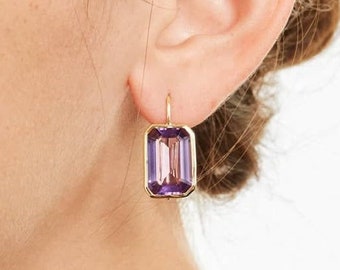 14.00 TCW Emerald Cut Amethyst Drop Earrings, HandMade Earwire Earrings, Anniversary Gift, Bezel Solitaire Earrings, Yellow Gold Earrings