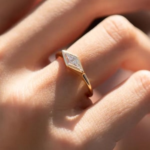 Kite Cut Moissanite Engagement Bezel Set Ring, Unique Yellow Gold Engagement Ring, Dainty Diamond Ring, Bridal Anniversary Promise Ring