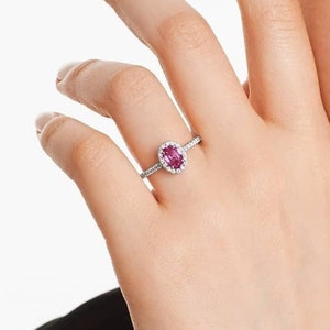 Antique Pink Sapphire Ring, 1.20 CT Oval Cut Pink Sapphire Gemstone Ring, Halo CZ Diamond Engagement Ring, Wedding Ring, White Gold Ring