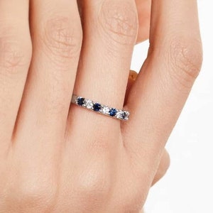 Alternating Sapphire And CZ Diamond Band, Round Cut Blue Sapphire Wedding Band, Half Eternity Gemstone Band, White Gold Anniversary Band