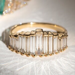 Baguette Step Cut Moissanite Wedding Band, Solid 10k/14k/18k Yellow Gold Band, Matching Band, Anniversary Gift, Unique Stackable Ring