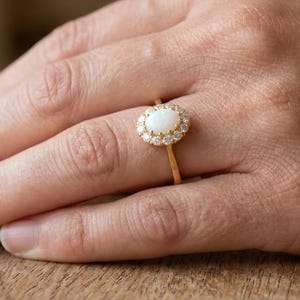 Oval Cut Opal Real gemstone Ring, 14K Yellow Gold Wedding Ring, Opal Engagement Ring, Halo Anniversary Gift Promise Ring, Delicate Ring