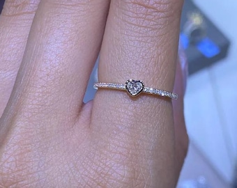 Heart Shaped Moissanite Engagement Ring, Dainty Pave Promise Ring, 14K Solid Gold Ring, Minimalist Cute Heart Anniversary Gift for Her